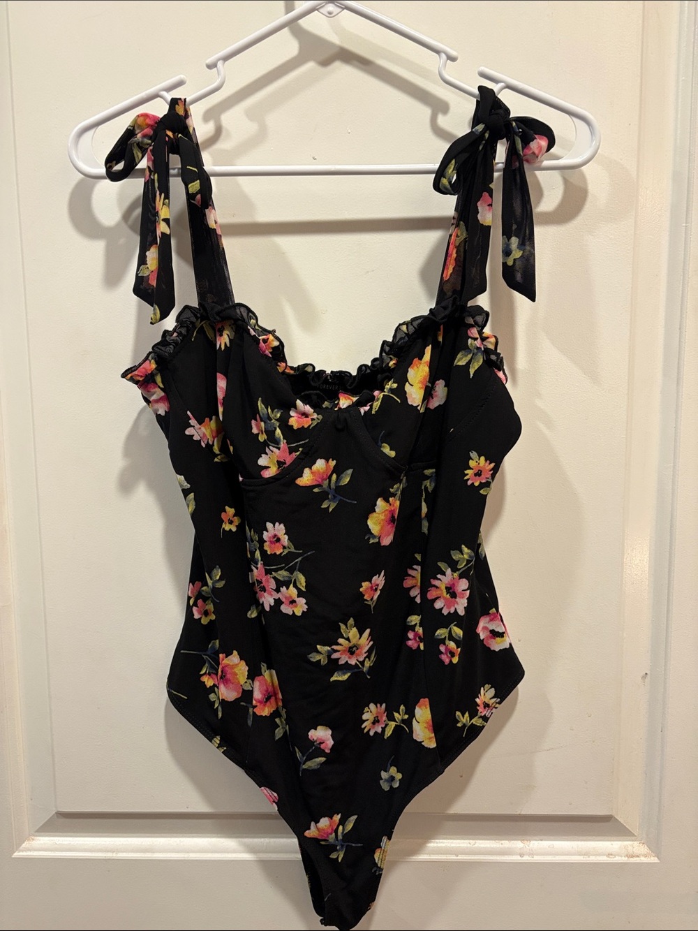 Black Floral Tie-Shoulder Bodysuit